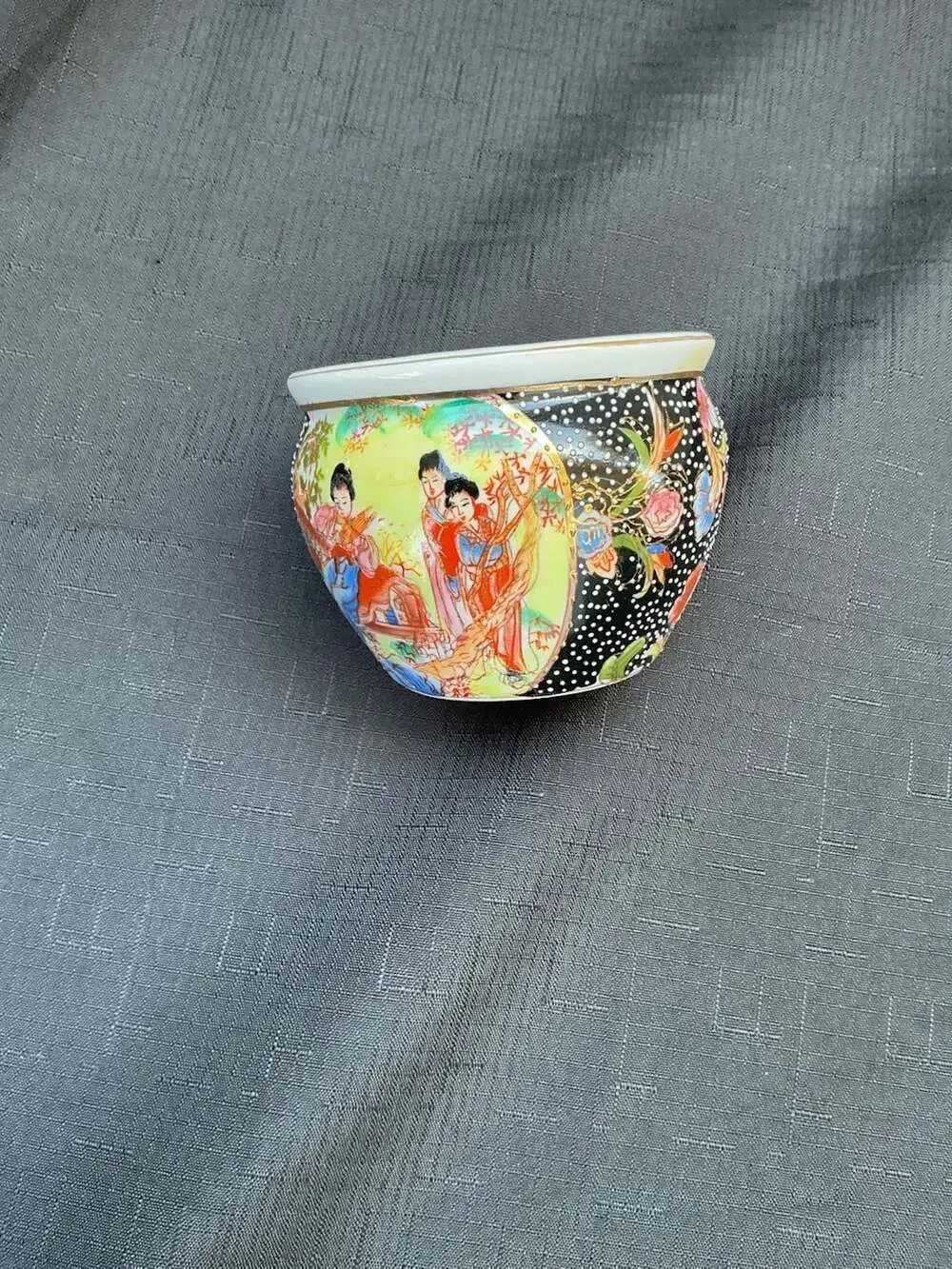 Vintage Chinese Famille Noire Porcelain Miniature Planter Jardiniere with Figure
